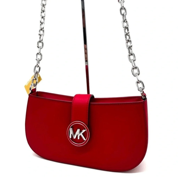 Michael Kors Carmen Small PouchetteCrossbody Bag Red/Silver